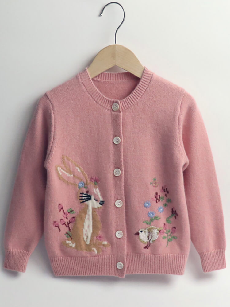 Girls Pink Cashmere Cardigan with Bunny and Bird Embroidery